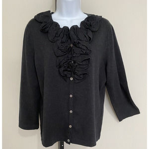NWT Jones Wear Ladies Cardigan Cotton Knit Sweater Black XL Ruffle 3/4 Sleeve